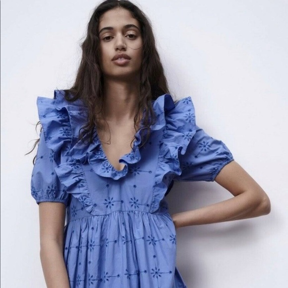 Zara Floral Embroidery Ruffle Dress Size Small - Picture 1 of 13
